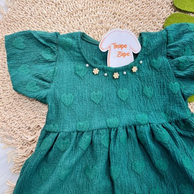 Vestido Anarruga com Pérolas e Corações - Verde